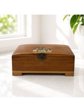 Vintage Wooden Trinket Box With Mountie & Horse Design Hinged Lid Prince George